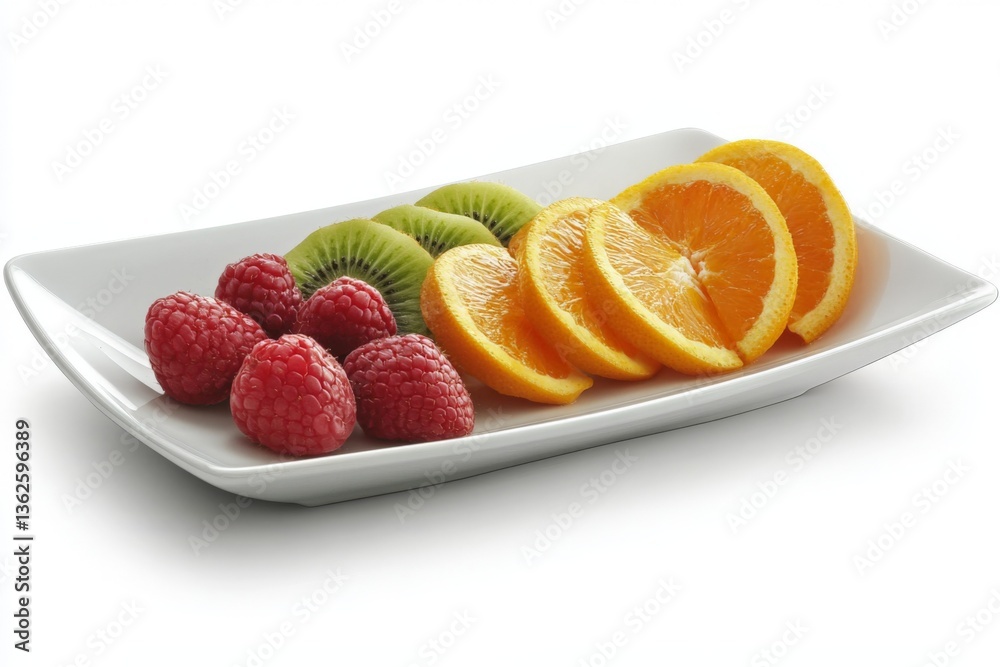 Fresh fruit platter featuring vibrant raspberries, kiwi slices, and citrus oranges arranged attractively