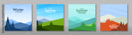 Vector illustration. Set of 4 season landscape illustration. Flat style landscape illustration. Winter, spring, summer, autumn vector landscape. Mountains with field, hills and forest.