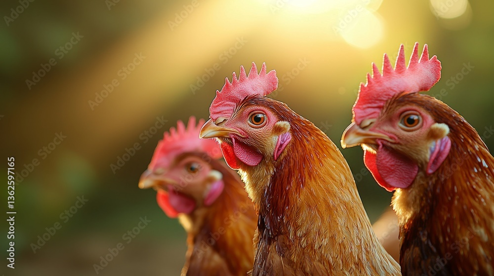 Fototapeta premium Golden Hour at the Chicken Coop: Three Hens bask in warm sunlight
