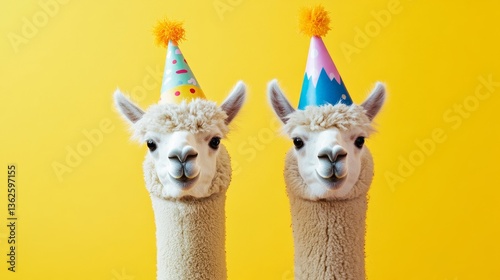 Two alpacas wearing outrageous party attire and donning party hats are set against a vibrant backdrop, symbolizing a creative party animal concept with ample copy space, ideal for a birthday party