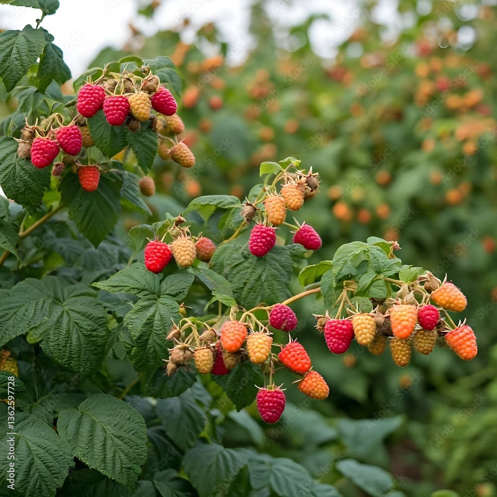 Obraz premium An orchard of ripe raspberries, the red berries clustered together on the bushes, ready for harvest, Ai Generated