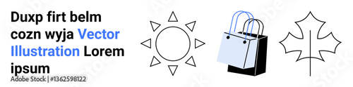 Sunburst icon, shopping bag, and maple leaf illustration combine themes of sunny days, shopping, nature, and seasons. Ideal for retail, tourism, eco ads summer autumn eco-friendly concepts flat