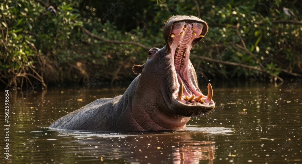Fototapeta premium Hippo yawning in calm waters of a river at sunset 