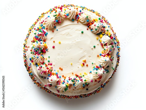 Celebration Cake with Sprinkles and Creamy Frosting on White Background
