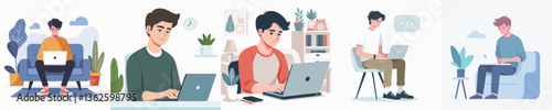 vector young man playing laptop

