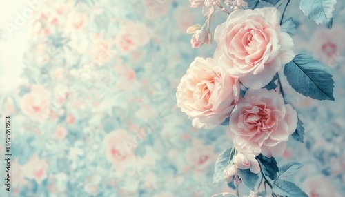 Vintage Wedding Decoration: Stunning Floral Wall Featuring Fresh Rose And Flower Bouquet Pattern In Pastel Bridal Border Arrangement With Baroque Fashion Touch. photo