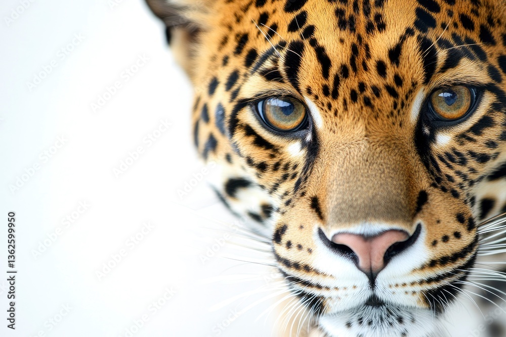 Naklejka premium Close-up Jaguar Portrait Focuses on Striking Eyes and Distinctive Spotted Pattern