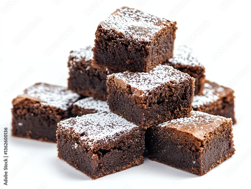 Delicious Chocolate Brownies Stacked with Powdered Sugar on White Background Delicious Chocolate Brownies Stacked with Powdered Sugar on White Background