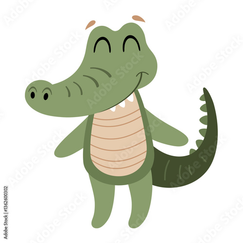 Cute crocodile isolated cartoon clipart. Jungle, safari, tropical animal design, hand drawn vector illustration in flat style