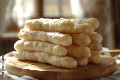 Freshly prepared cheese sticks stacked on a wooden board in natural light setting