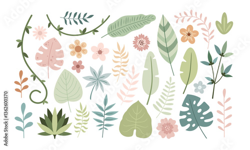 Set with flowers, leaves, branches, floral clipart. Jungle, safari, tropical plants isolated hand drawn objects. Vector illustration in flat style
