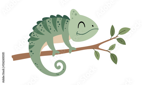Cute chameleon clipart, isolated cartoon tropical, savanna character. Hand drawn vector illustration in flat style