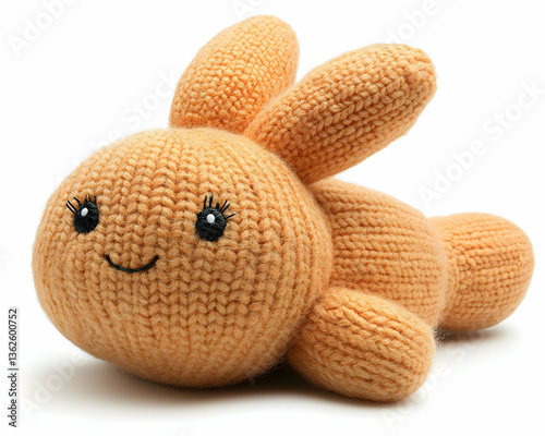 Knitted orange bunny toy with stitched eyes and smile, against white background