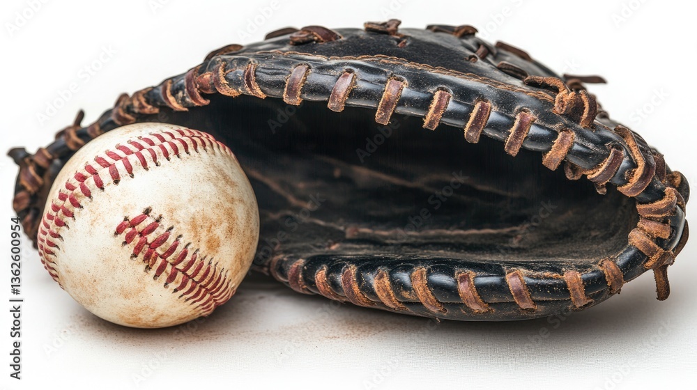 Fototapeta premium A black leather catcher's mitt gripping a bright white baseball, set against a seamless white background