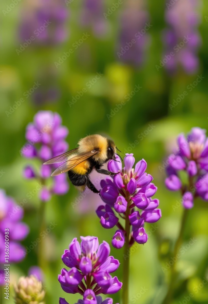 Fuzzy bumblebee hovering near vibrant violet lupine flowers, bee, summer, beauty Fuzzy bumblebee hovering near vibrant violet lupine flowers, bee, summer, beauty