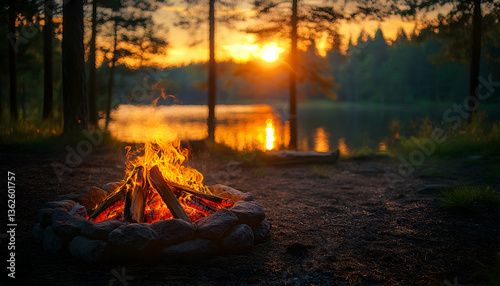 Lakeside bonfire at sunset
