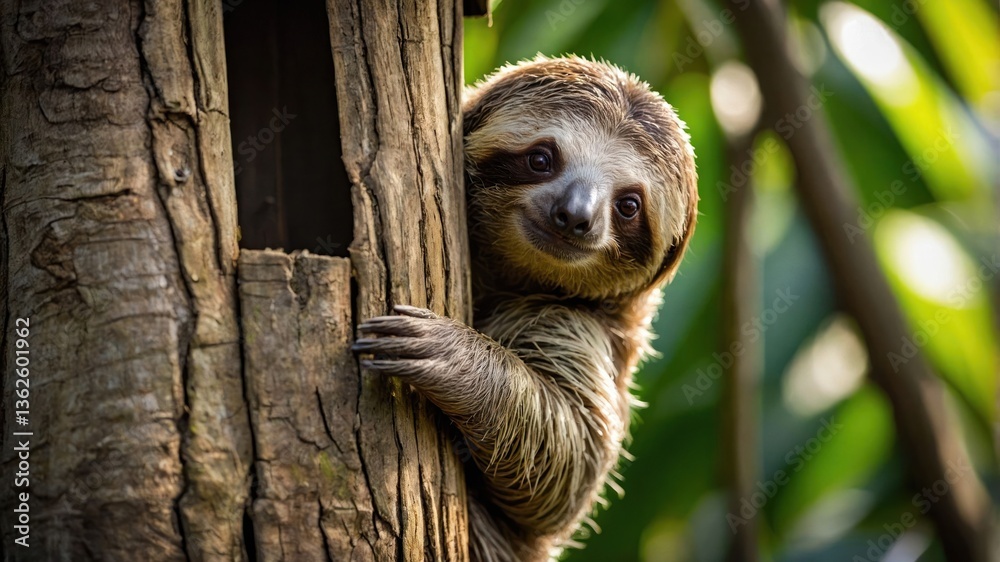Fototapeta premium A sloth peeking from a tree trunk in a lush, green environment.