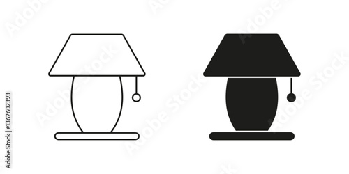 Table Lamp with Shade Line and Silhouette Icon Set. Bedside Lighting Symbol. Home Lighting with Switch. Editable Stroke. Isolated Vector Illustration