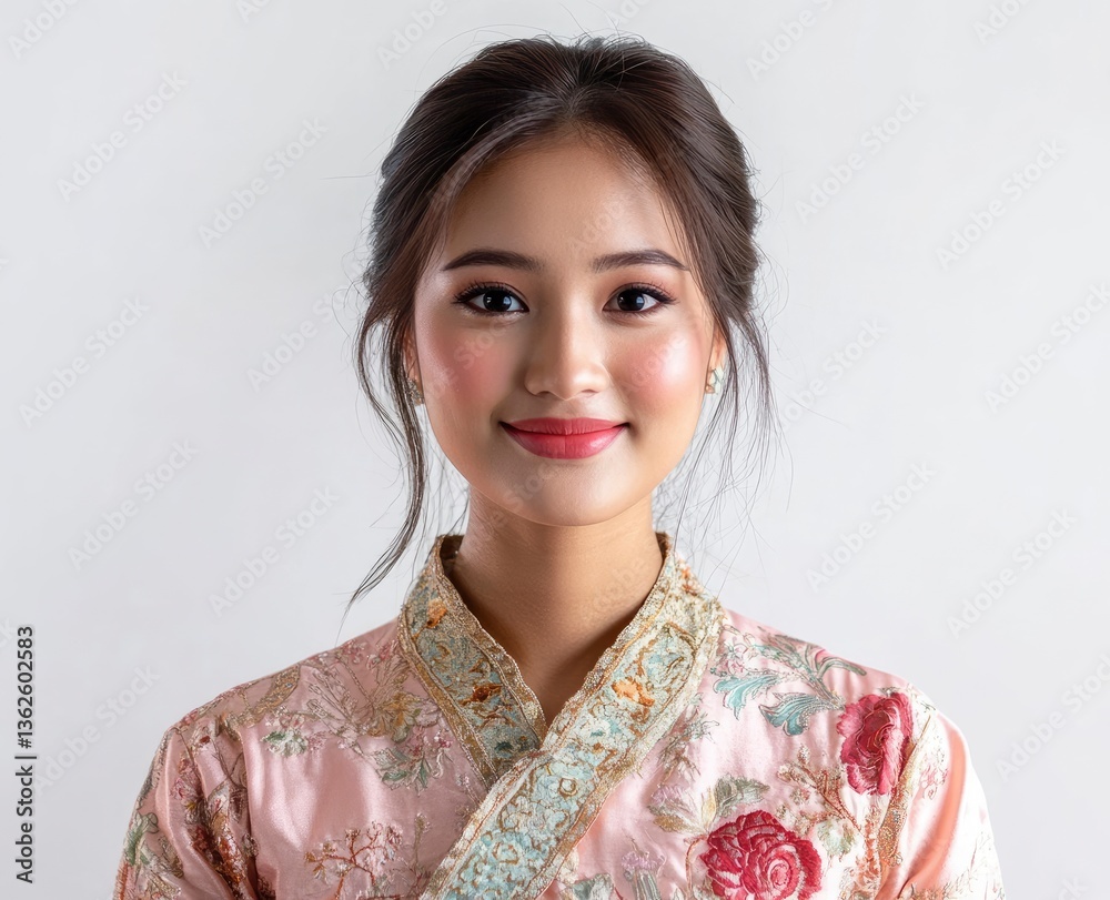 Smiling Asian Woman Portrait in Embroidered Dress Against a White Background Smiling Asian Woman Portrait in Embroidered Dress Against a White Background