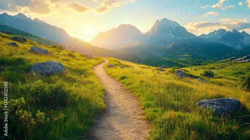 Winding path through verdant hills leading to majestic mountains at sunset