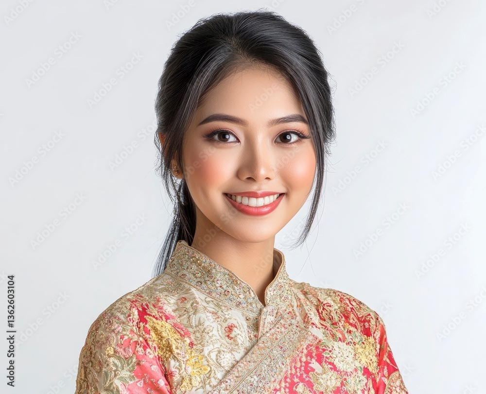 Smiling Asian Woman in Traditional Dress with Ornate Details Portrait Smiling Asian Woman in Traditional Dress with Ornate Details Portrait