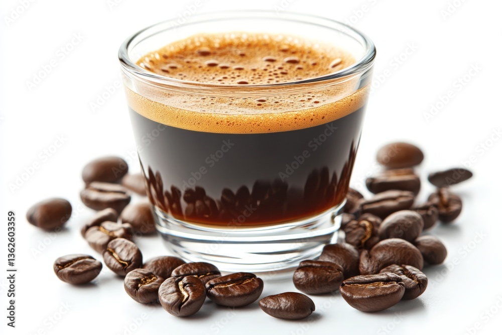 Espresso with coffee beans on a white surface during a morning ritual Espresso with coffee beans on a white surface during a morning ritual