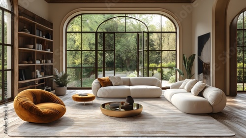 Elegant home featuring a plush beige sofa velvet armchairs and subtle gold accents 3D rendering illustration