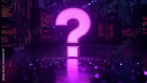 A glowing neon question mark floats in a dark cyberspace. The futuristic atmosphere, reflections on the floor and mysterious background create a sense of mystery and mystery.