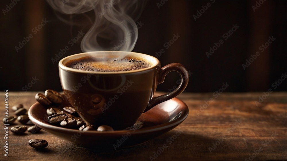 A steaming cup of coffee in a cozy setting, highlighting its rich aroma and deep color. A steaming cup of coffee in a cozy setting, highlighting its rich aroma and deep color.