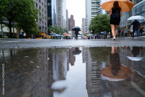 A bustling city street scene captured in the rain, where umbrellas dot the landscape and reflections shimmer on the pavement, showcasing urban life amid inclement weather.