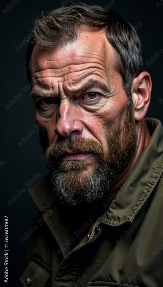 Intense portrait of rugged individual with furrowed brow and clenched jaw, aggressive facial expression, intense gaze Intense portrait of rugged individual with furrowed brow and clenched jaw, aggressive facial expression, intense gaze
