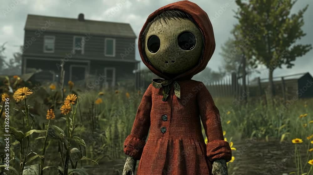 Mysterious doll in a red dress stands in wildflower field near an old house under cloudy skies