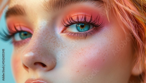 Gorgeous Girl With Extra-Long Faux Eyelashes And Flawless Complexion: Eyelash Extensions, Cosmetology, Beauty, And Skincare. Close-Up Macro Shot With Copy Space.
