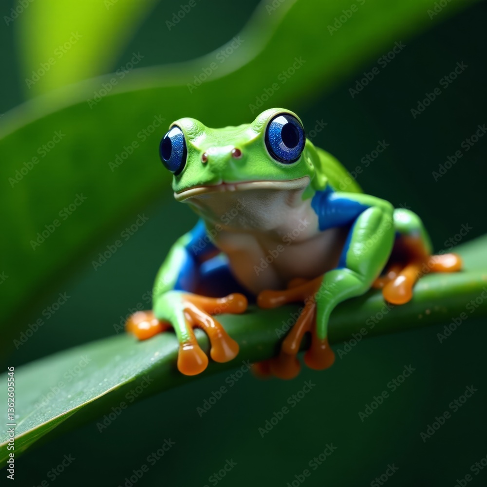 Obraz premium Poisonous Amazonian frog on a leafy branch with bright blue eyes, rainforest,