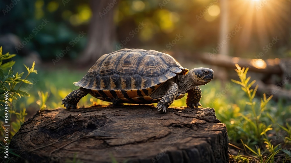 Obraz premium A tortoise on a log in a sunlit forest setting, showcasing nature's beauty.