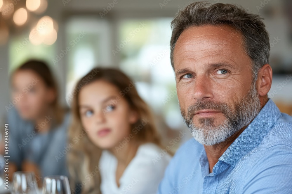 A confident man with a beard observes a young girl beside him, creating a sense of engagement and connection within a warm, inviting living space. A confident man with a beard observes a young girl beside him, creating a sense of engagement and connection within a warm, inviting living space.
