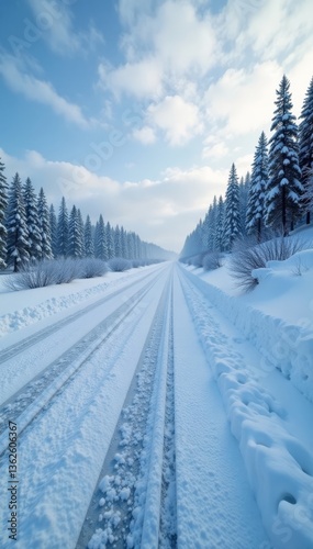 Snowy road stretching into the vastness of whiteout blizzard, road, blizzard