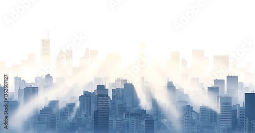 Aerial view of an apocalyptic cityscape, with skyscrapers shrouded in mist and sun rays filtering through the clouds