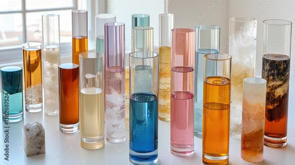 Vibrant Colored Liquids in Glass Cylinders Vibrant Colored Liquids in Glass Cylinders