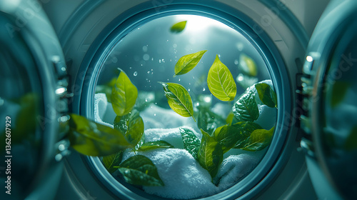 Laundry view Green leaves and white fabric in a washing machine