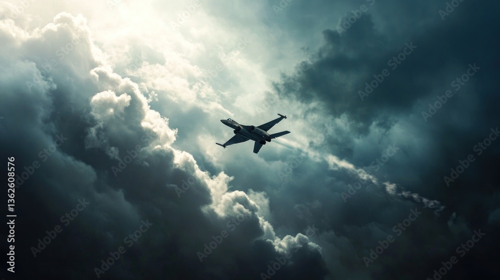 Naklejka premium Fighter jet breaking through storm clouds, sunlight backdrop, aerial warfare concept