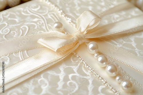 
Elegant wedding invitation with pearls and pink ribbon, featuring the name. The card is adorned with delicate beadwork along its edges, adding to its luxurious feel. 