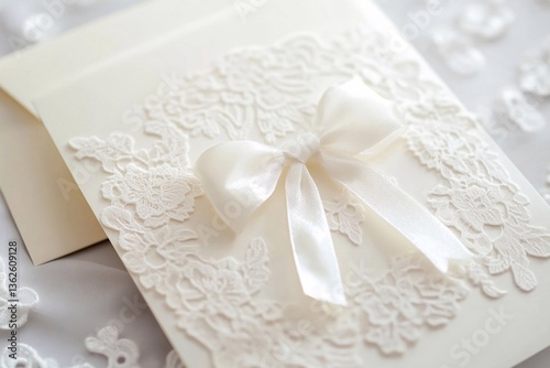 
Elegant white lace wedding invitation with a ribbon and bow, white on the front of an open card.

