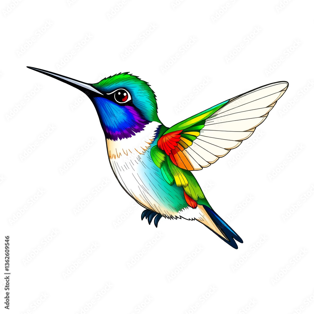 Fototapeta premium Rainbow Hummingbird in Flight Vibrant Bird Illustration Tropical Bird