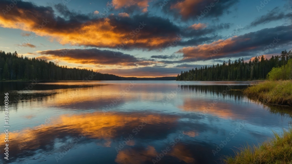Fototapeta premium A serene lake at sunset, reflecting colorful clouds and surrounded by forested land.