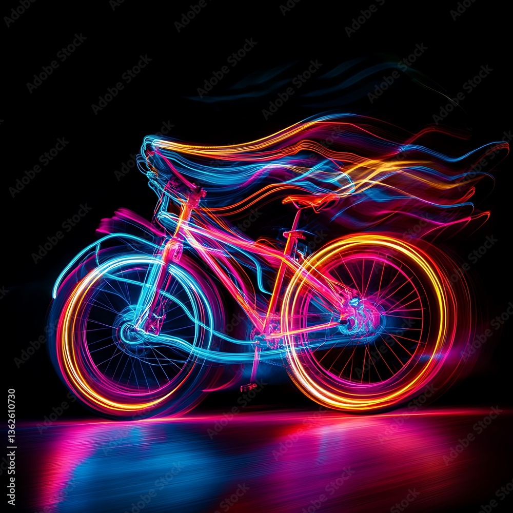 Fototapeta premium Neon Bicycle in Motion with Colorful Light Trails at Night