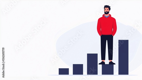 A cartoon illustration featuring a man standing confidently atop rising bar graphs, symbolizing growth, success, and upward momentum in business or personal achievements.