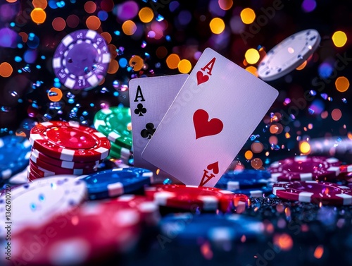 Obraz na płótnie Casino themed imagery with bokeh backdrop featuring poker chips and ace cards w salonie