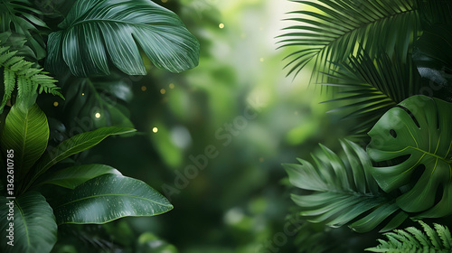 Lush green foliage Exotic leaves, ferns, palm trees Bokeh and soft sunlight Tropical garden backdrop