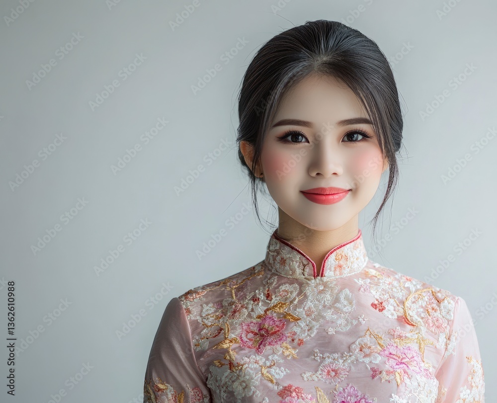 Smiling Asian Woman in Traditional Dress Posing in Studio Setting Smiling Asian Woman in Traditional Dress Posing in Studio Setting